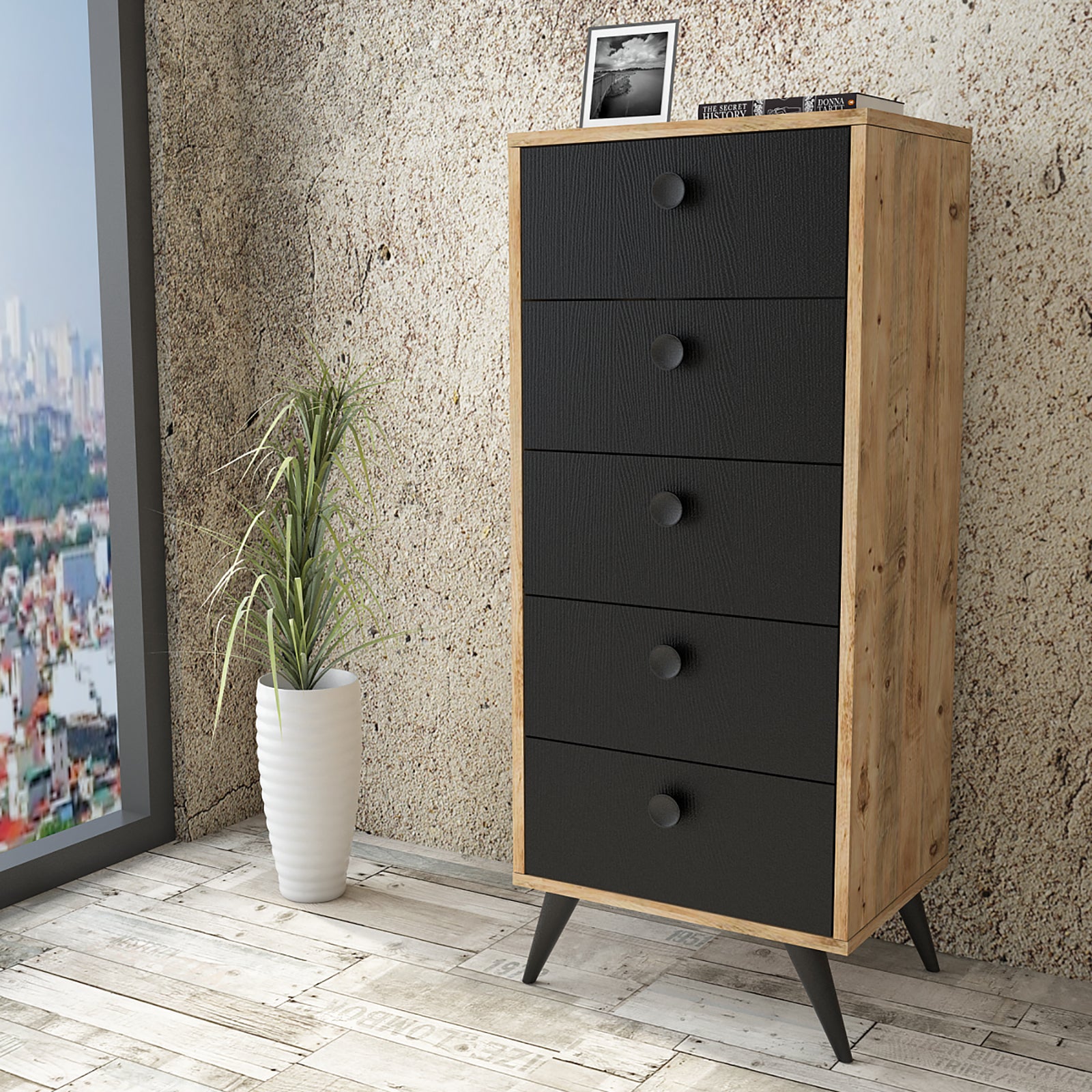 Daisy-tall VL70 - אורן-שחור - שידת מגירות