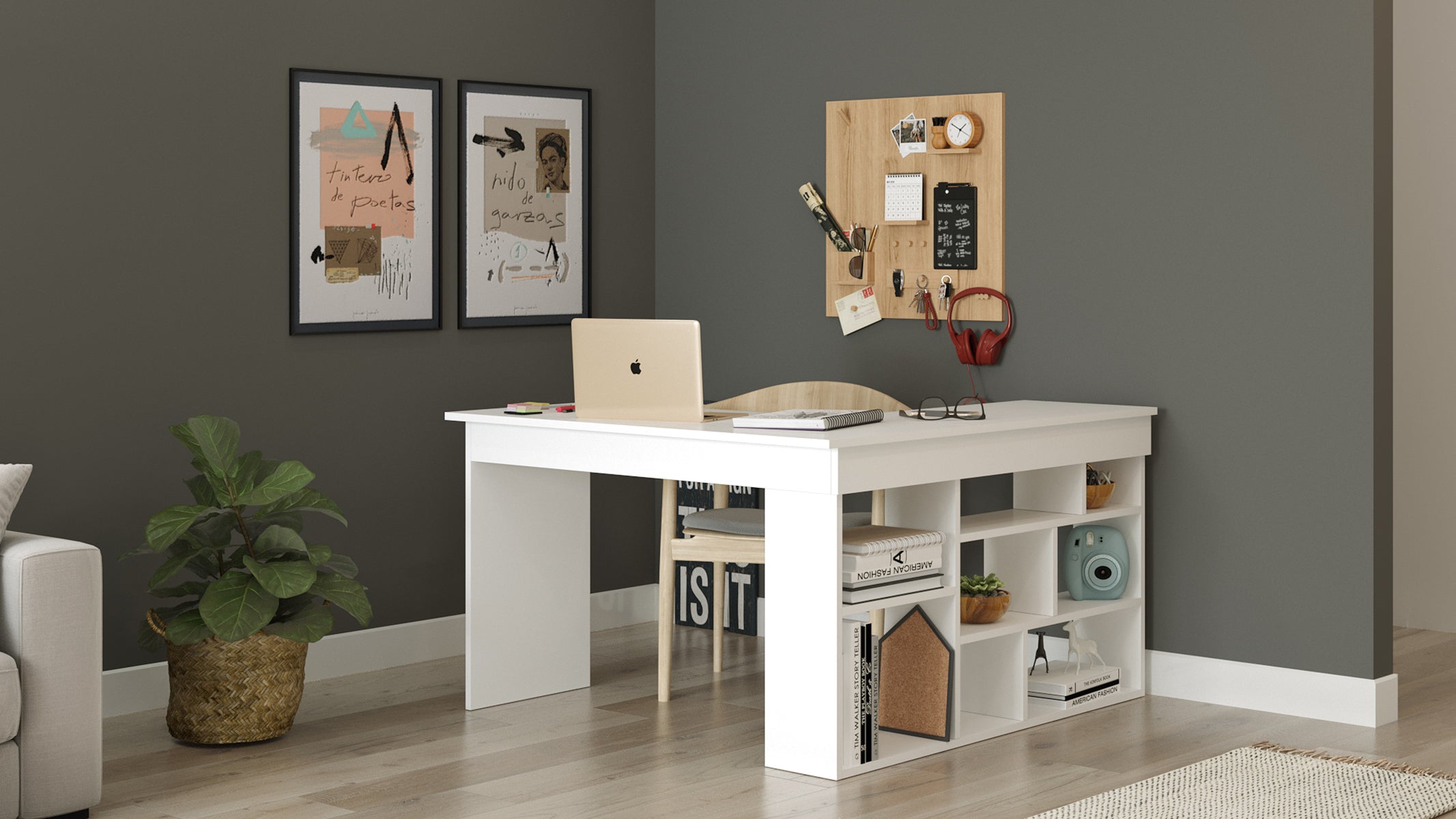 stora CT5 - לבן - עמדת עבודה פינתית עם ספריה