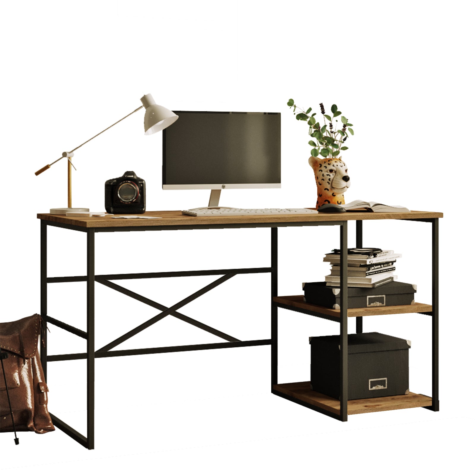 Nevo VG25 - אורן - שחור - שולחן עבודה עם מדפים