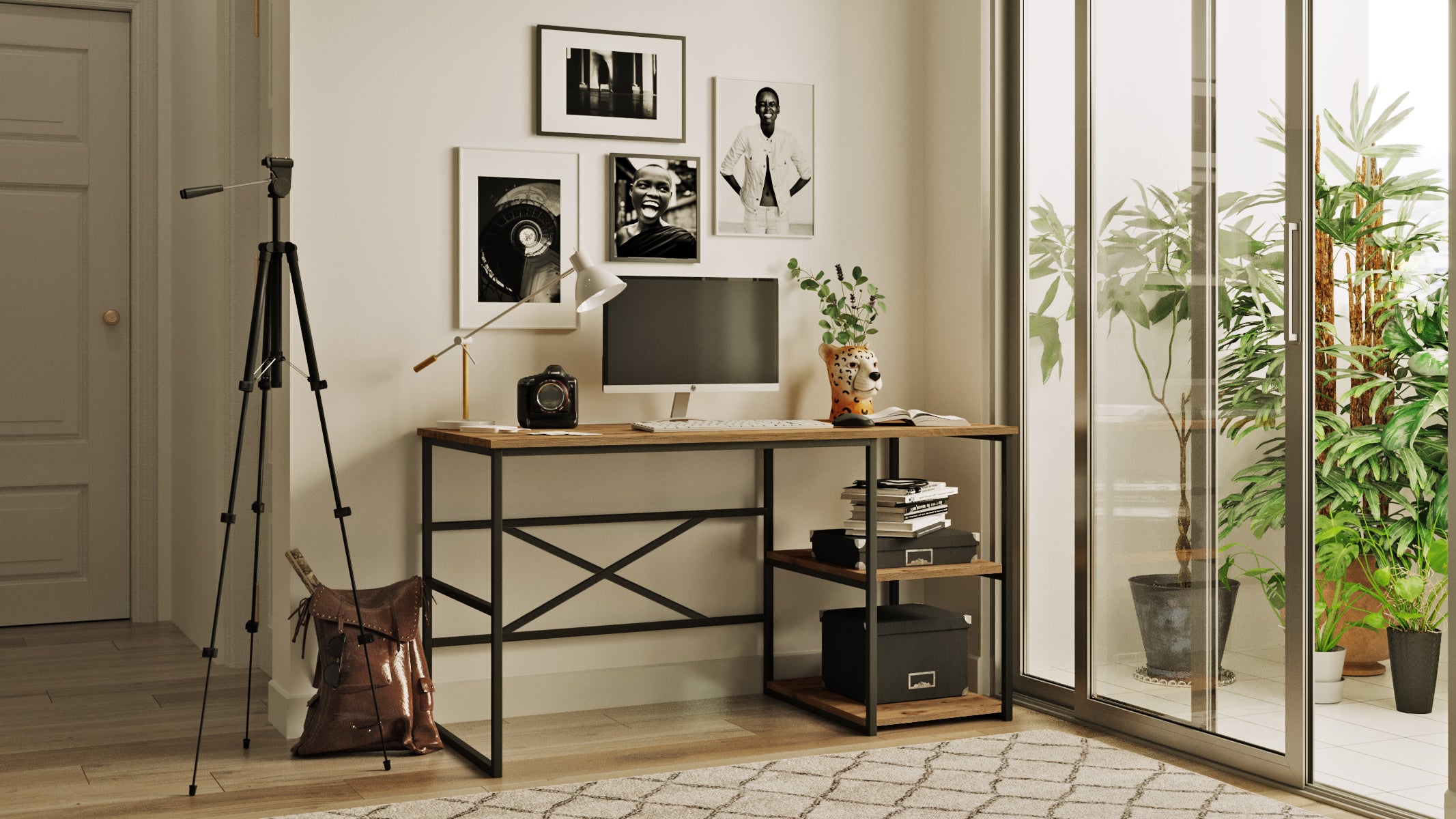 Nevo VG25 - אורן - שחור - שולחן עבודה עם מדפים