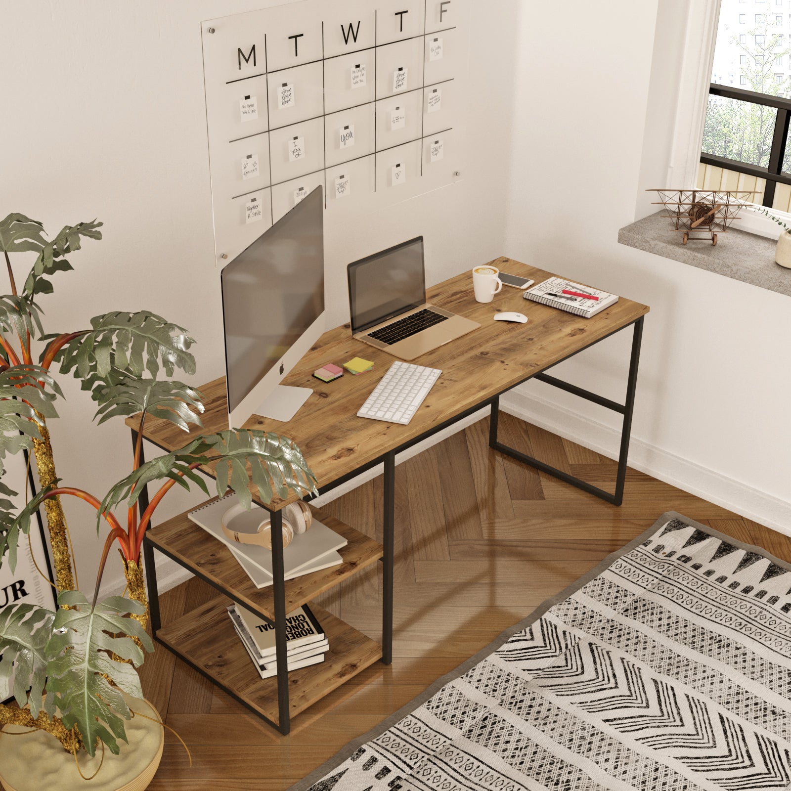 Vigo VG29 - אורן - שחור - שולחן עבודה עם מדפים