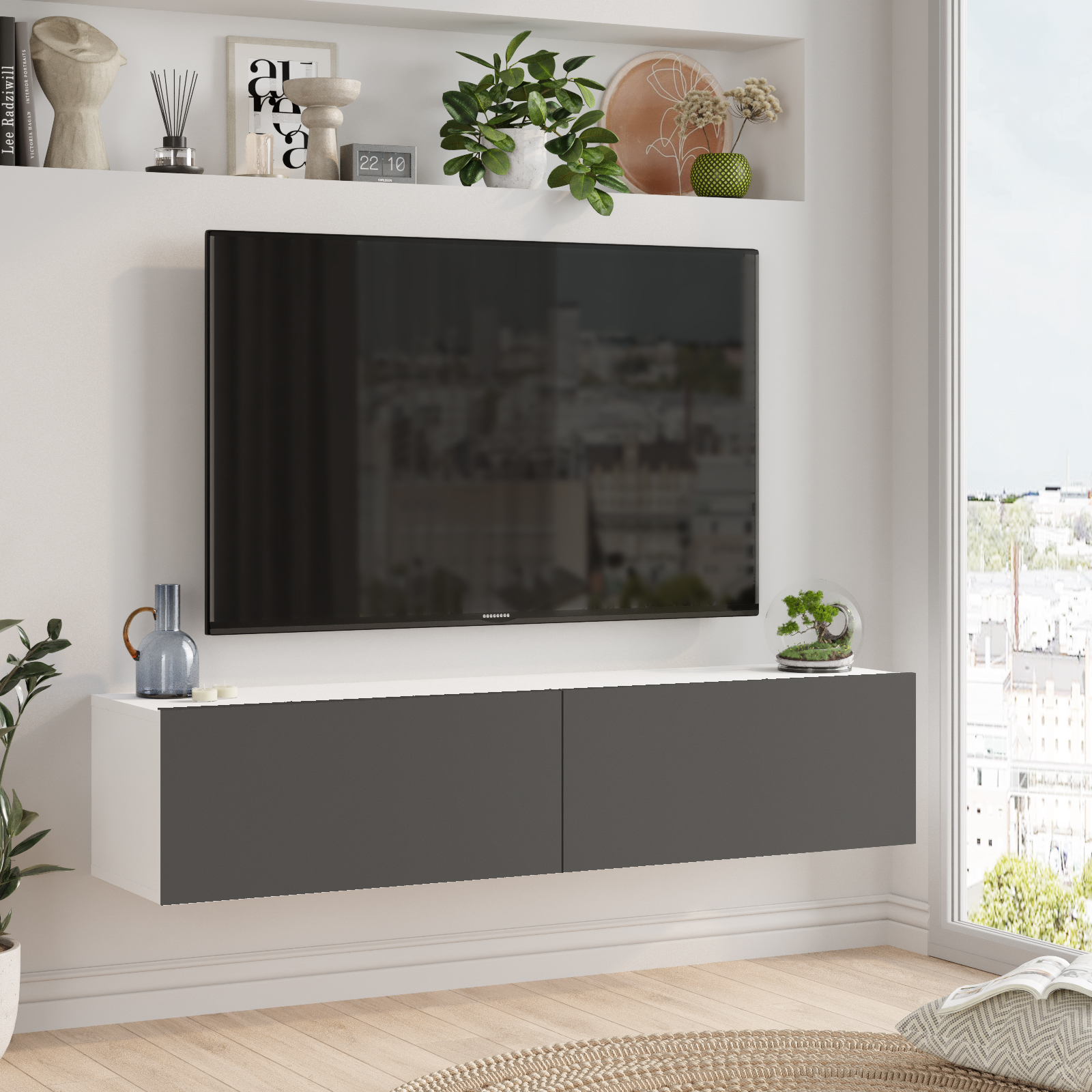 ARISTO -  גוף לבן דלתות אפור - מזנון טלוויזיה צף