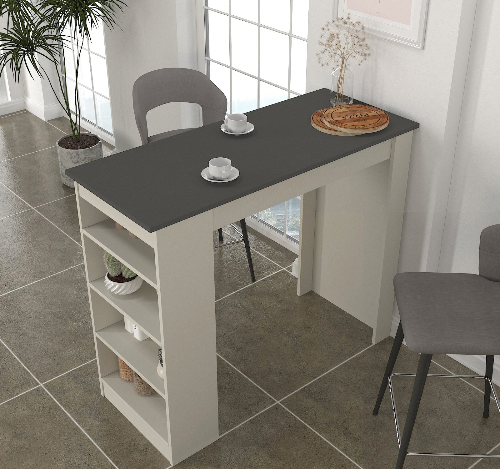 מונקו DE2163 - שולחן בר מעוצב - קרם אבן פלטה אפורה