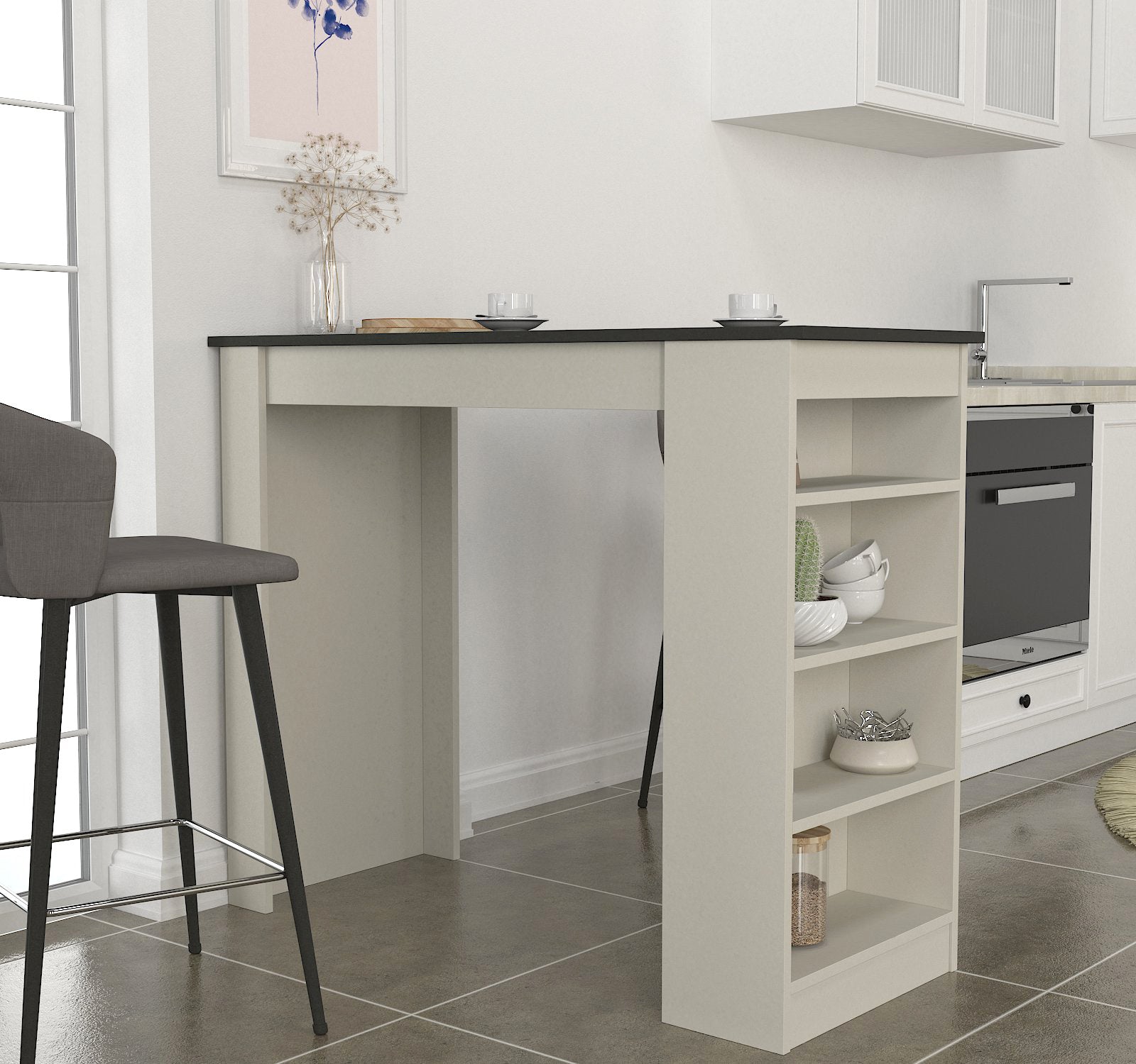 מונקו DE2163 - שולחן בר מעוצב - קרם אבן פלטה אפורה