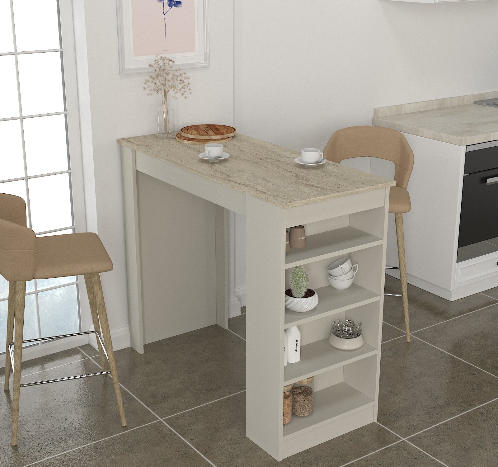 מונקו DE2163 - שולחן בר מעוצב - קרם אבן פלטה דמוי שיש