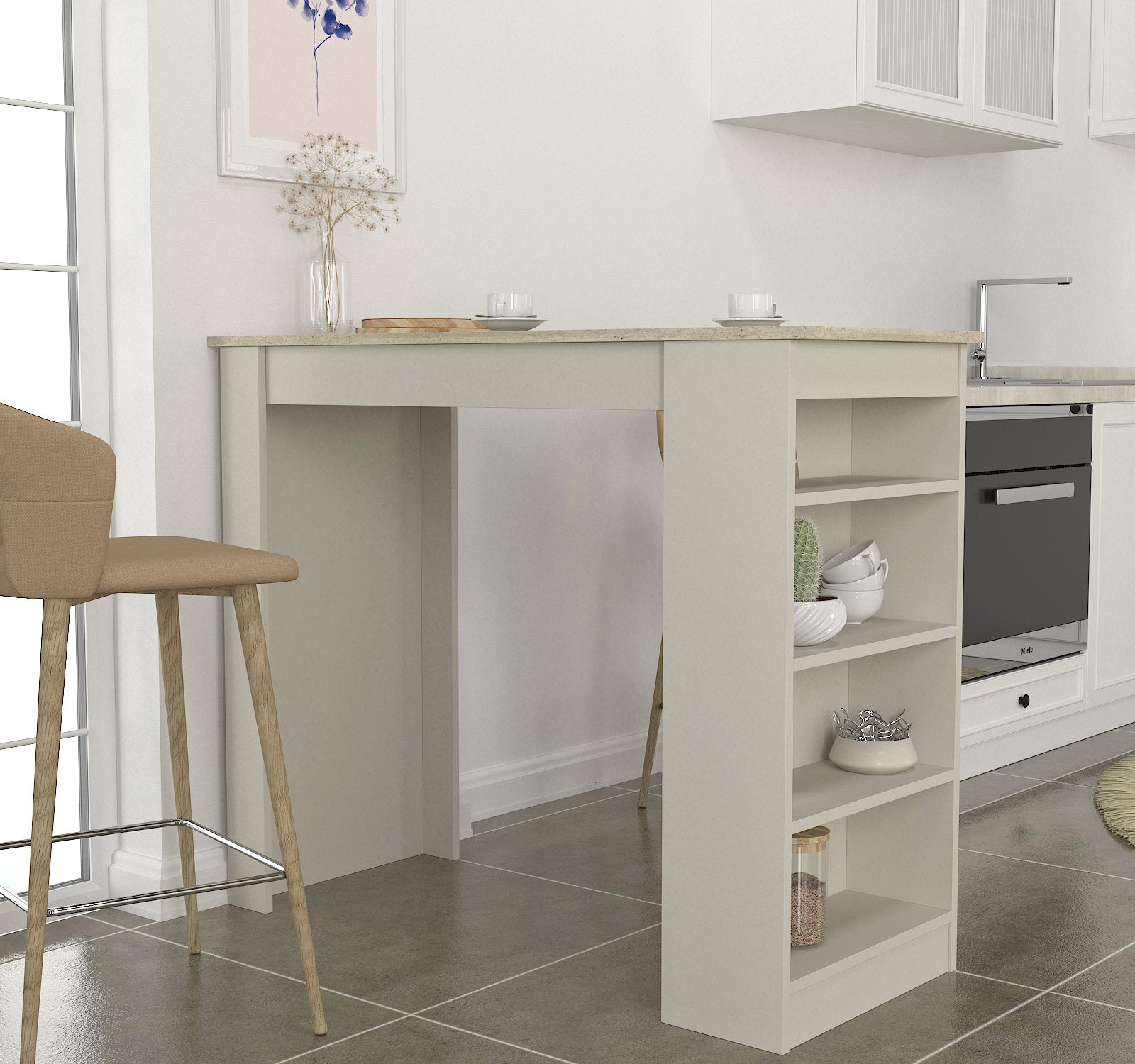 מונקו DE2163 - שולחן בר מעוצב - קרם אבן פלטה דמוי שיש