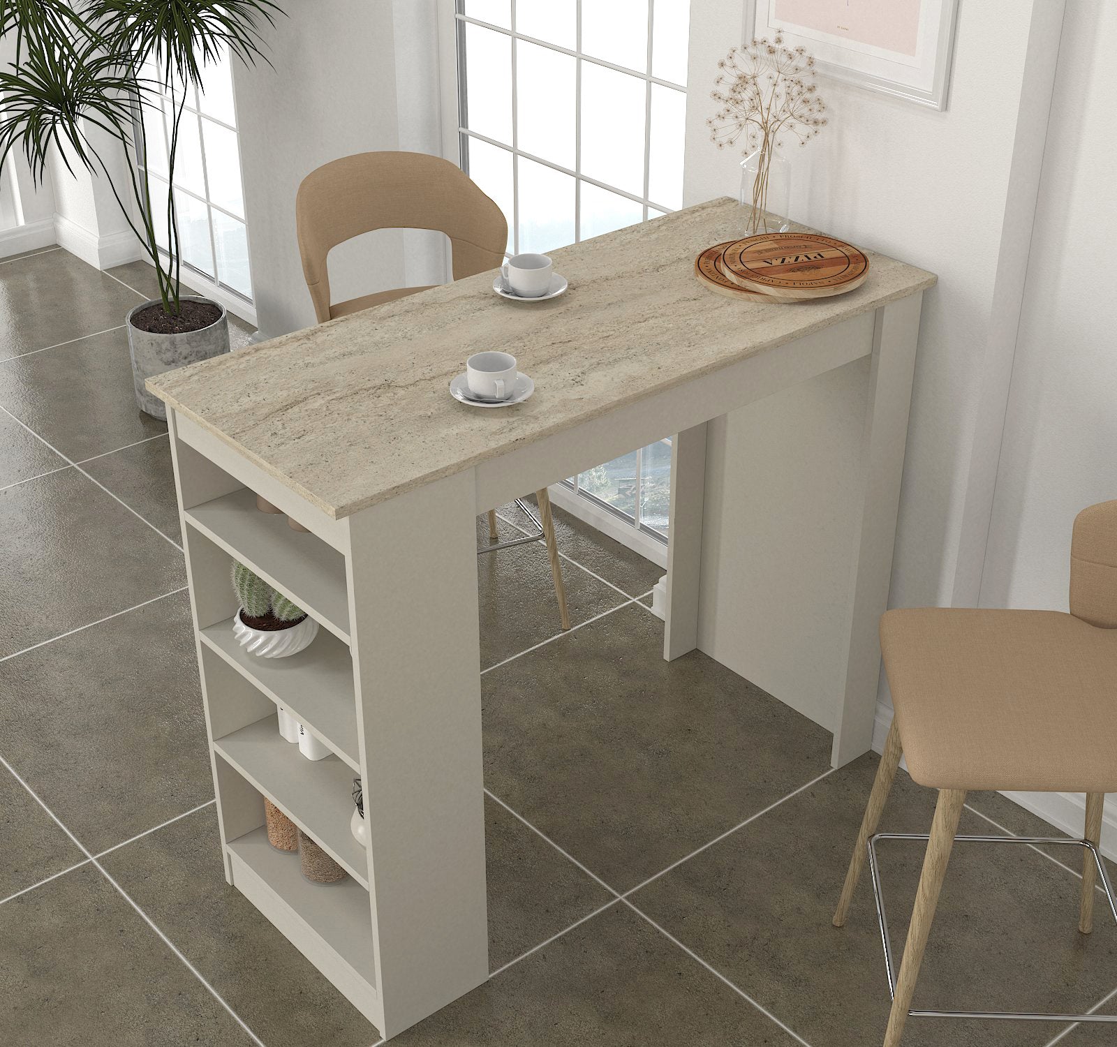 מונקו DE2163 - שולחן בר מעוצב - קרם אבן פלטה דמוי שיש