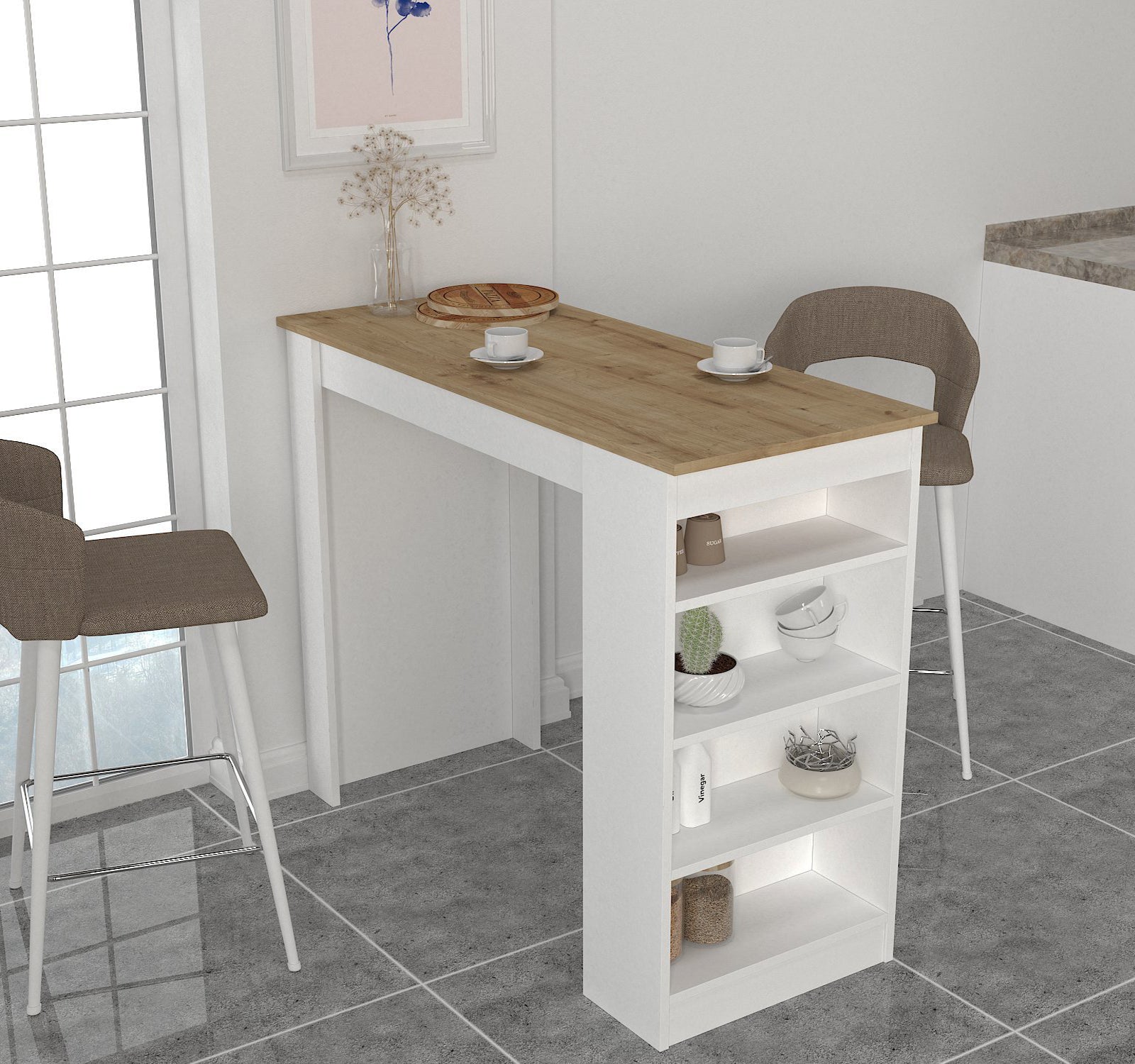 מונקו DE2163 - שולחן בר מעוצב - לבן פלטה אלון