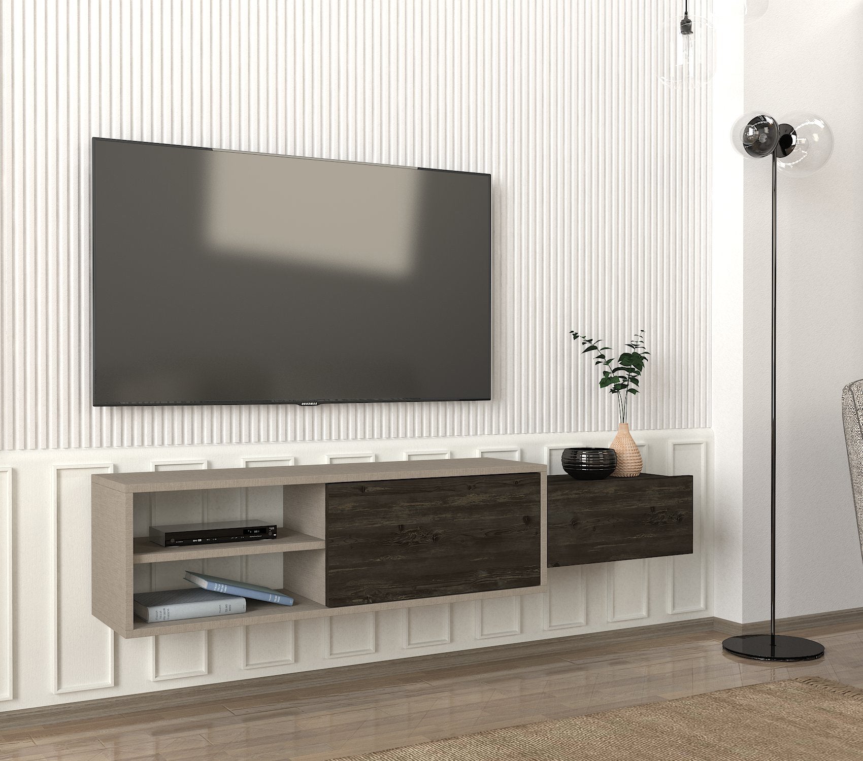 דיון DE2521 קרם אבן משולב חום אגוז כהה - מזנון טלוויזיה מעוצב צף