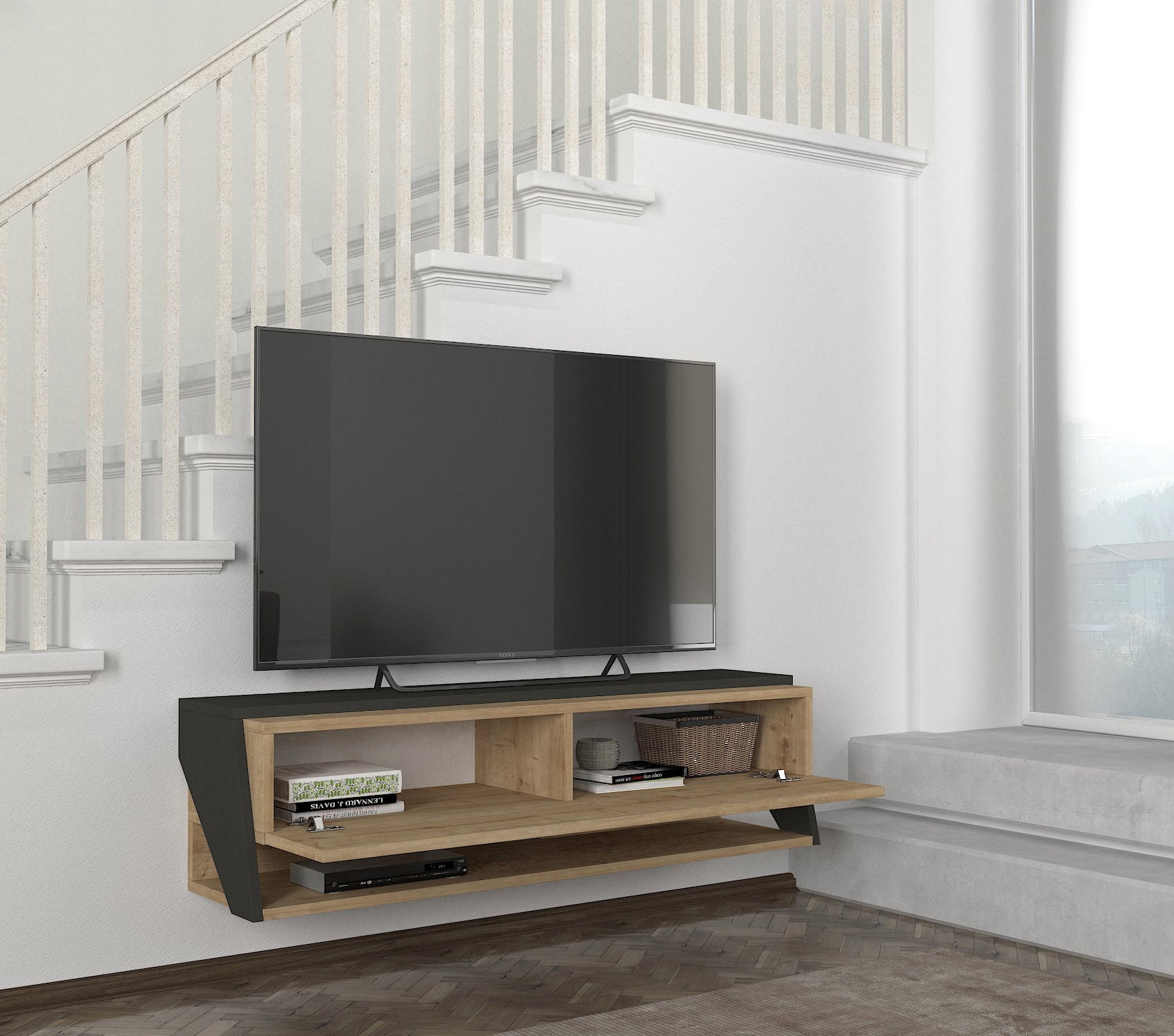 ליטוס DE2569 - אפור פחם משולב חום אלון - מזנון טלוויזיה צף