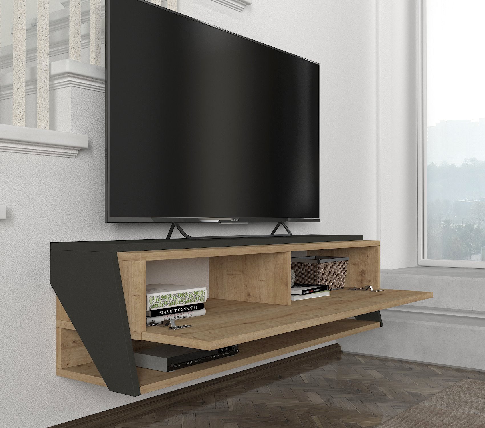 ליטוס DE2569 - אפור פחם משולב חום אלון - מזנון טלוויזיה צף