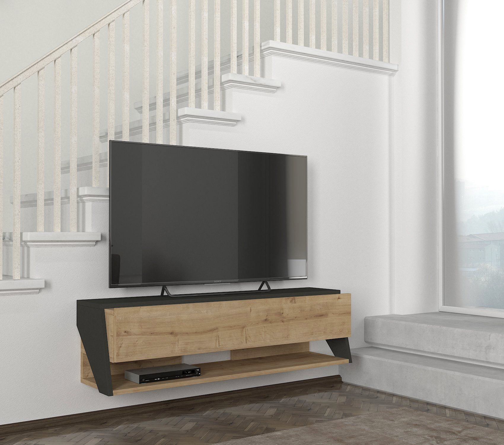 ליטוס DE2569 - אפור פחם משולב חום אלון - מזנון טלוויזיה צף