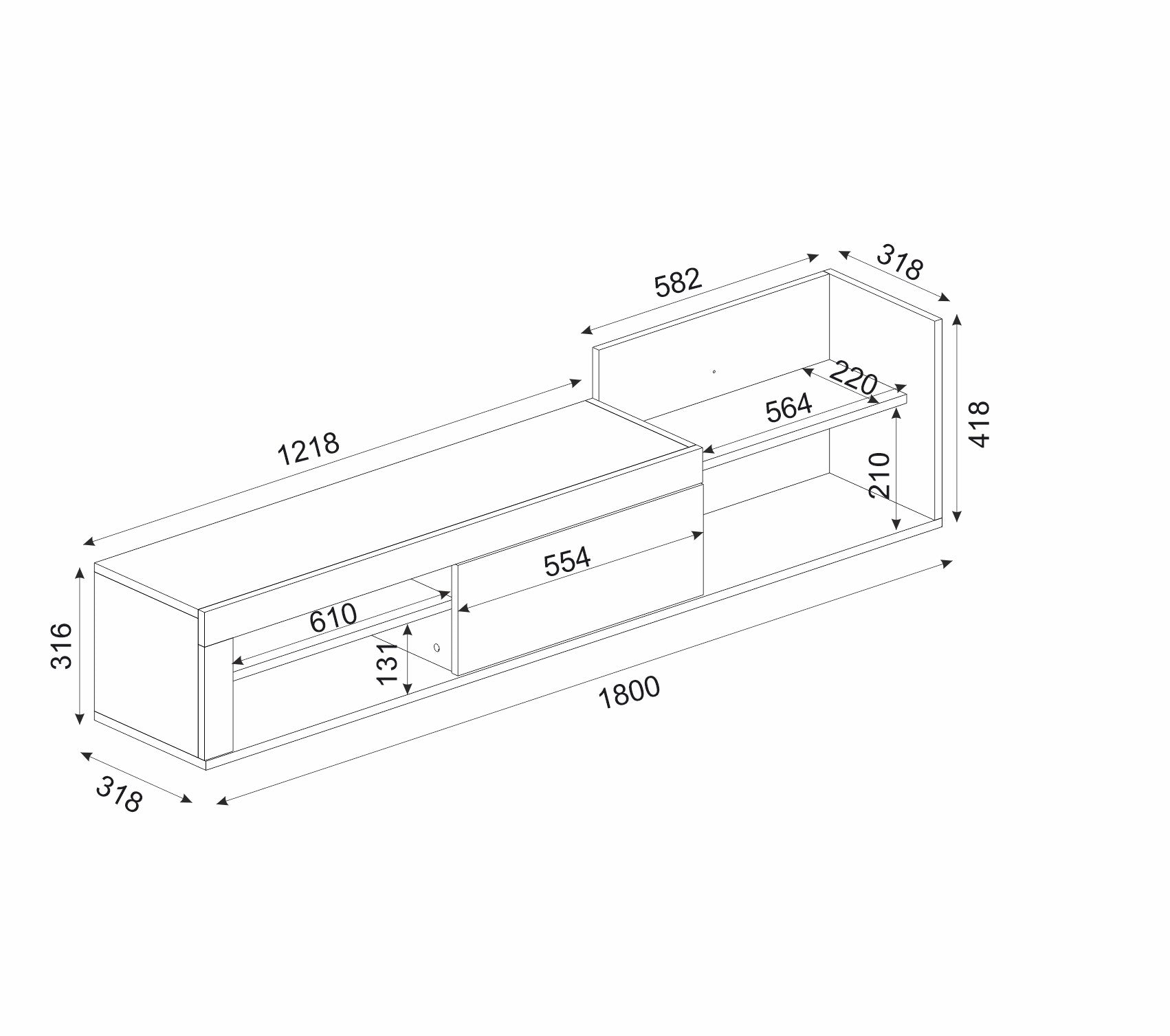 טרלה DE3951 - לבן משולב חום אלון - מזנון טלוויזיה צף