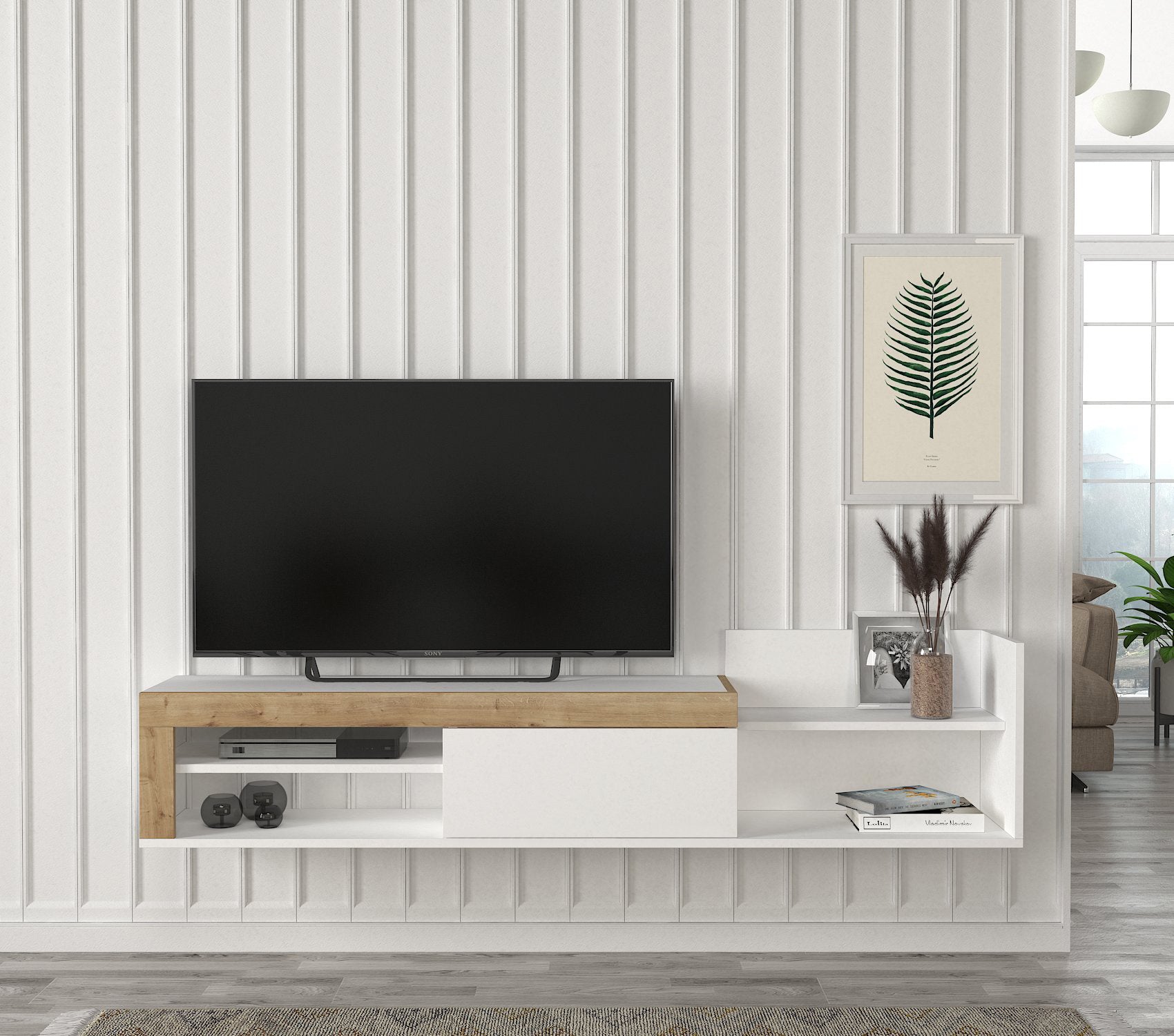 טרלה DE3951 - לבן משולב חום אלון - מזנון טלוויזיה צף