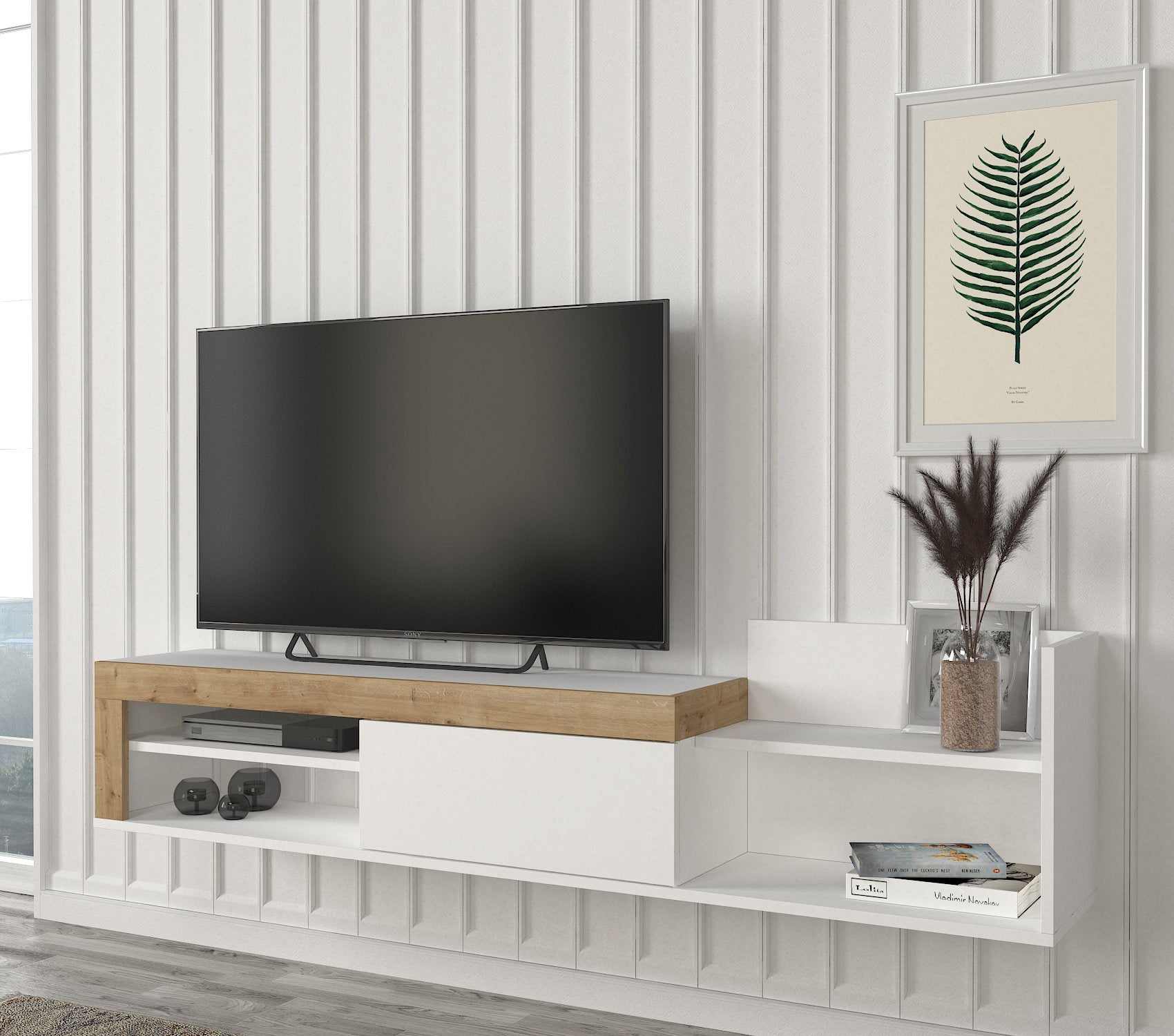 טרלה DE3951 - לבן משולב חום אלון - מזנון טלוויזיה צף