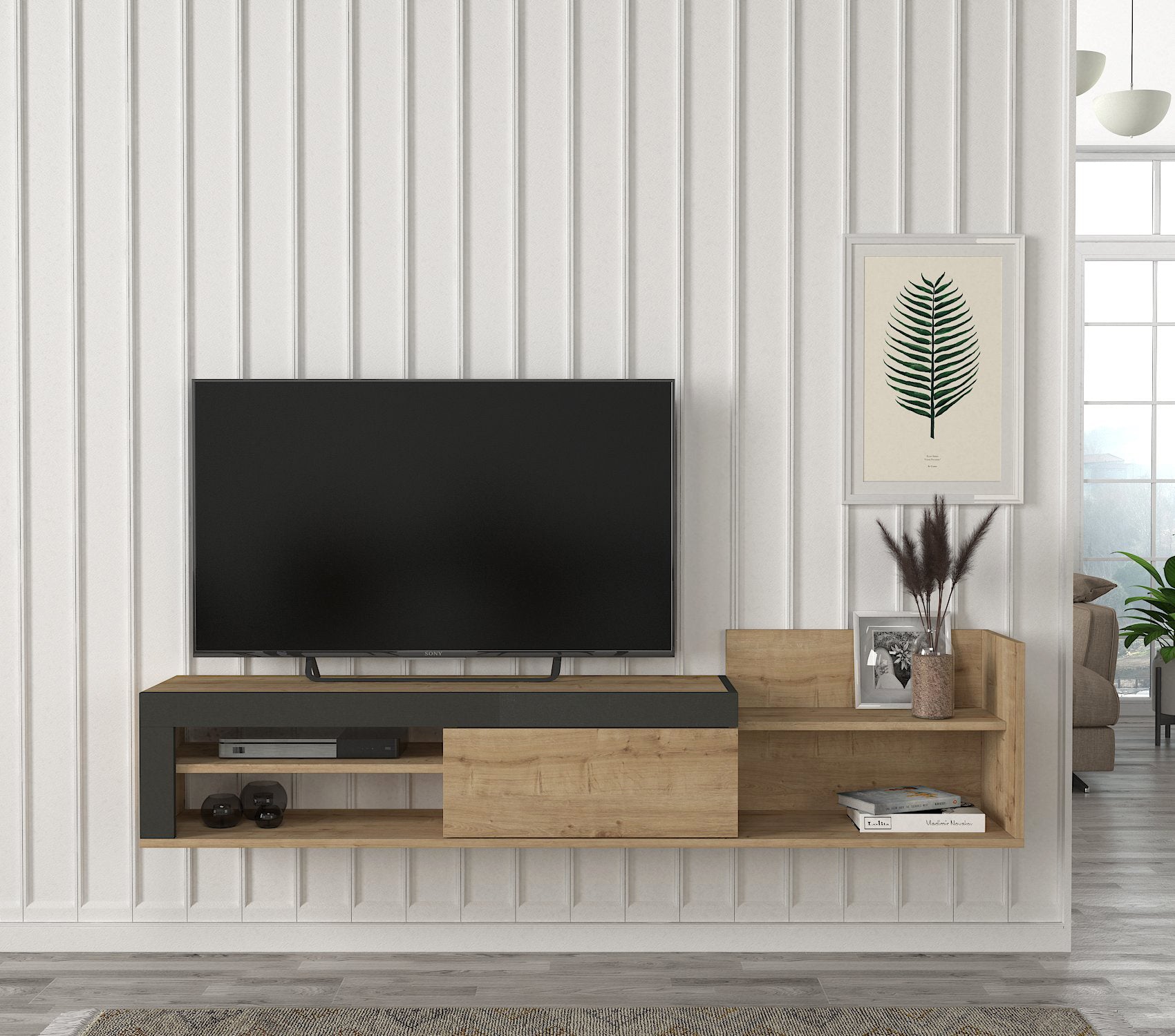 טרלה DE3951 - אפור פחם משולב חום אלון - מזנון טלוויזיה צף