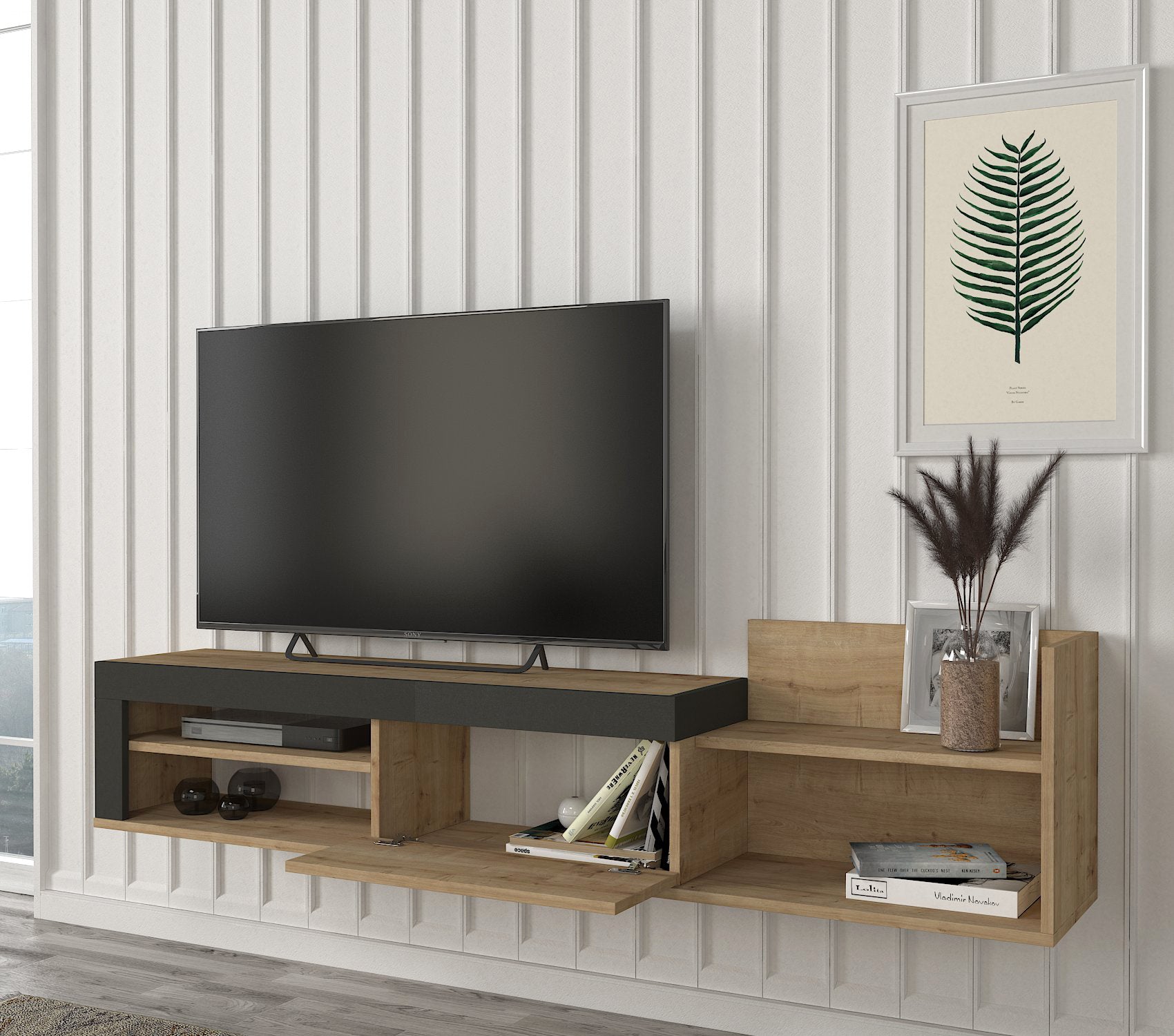 טרלה DE3951 - אפור פחם משולב חום אלון - מזנון טלוויזיה צף