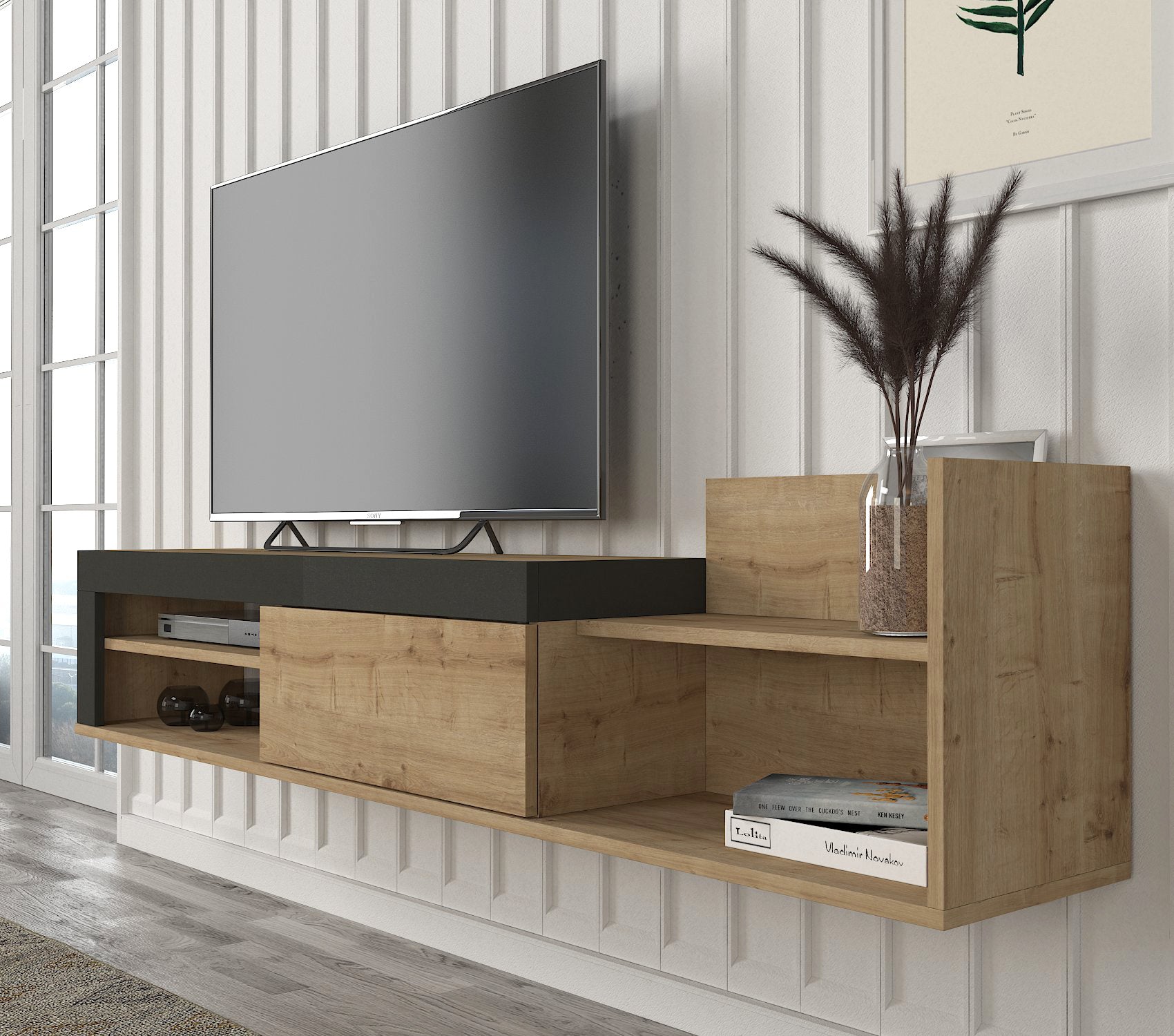 טרלה DE3951 - אפור פחם משולב חום אלון - מזנון טלוויזיה צף