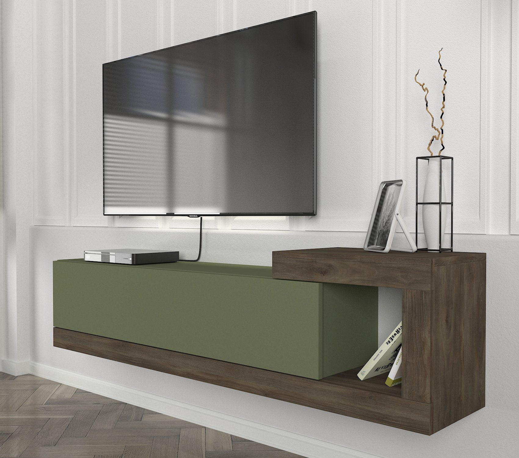 וולייר DE2613 - ירוק זית בשילוב אגוז  כהה-  מזנון טלוויזיה צף