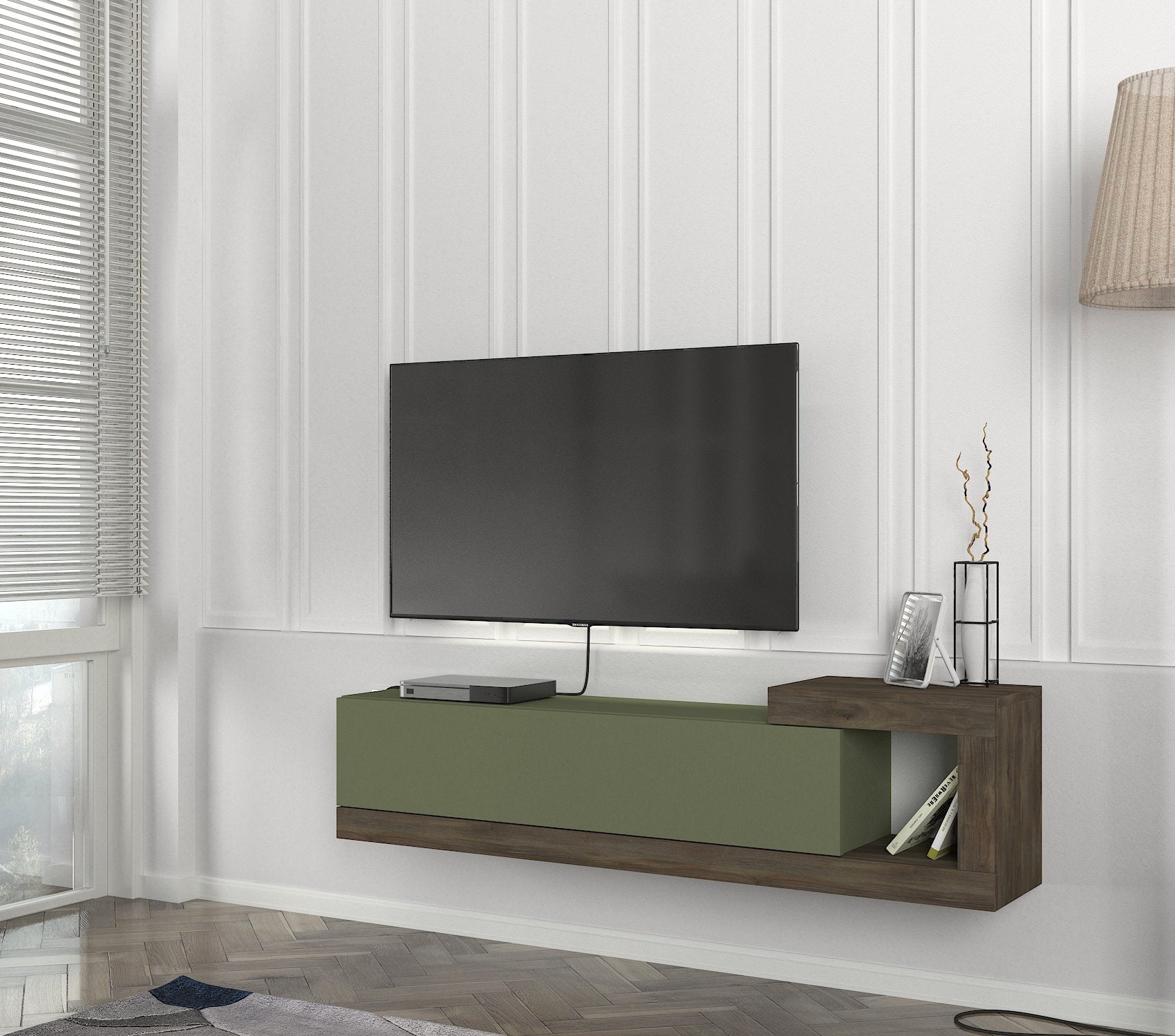 וולייר DE2613 - ירוק זית בשילוב אגוז  כהה-  מזנון טלוויזיה צף